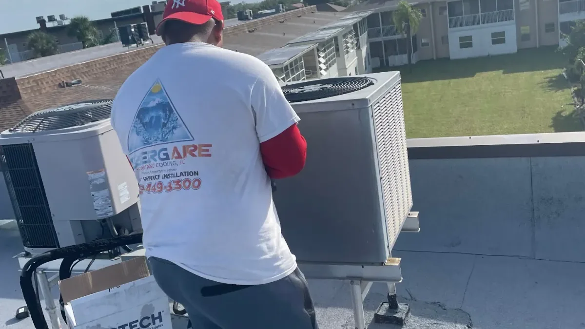 Iceberg Aire commercial HVAC team servicing a Southwest Florida storefront rooftop unit